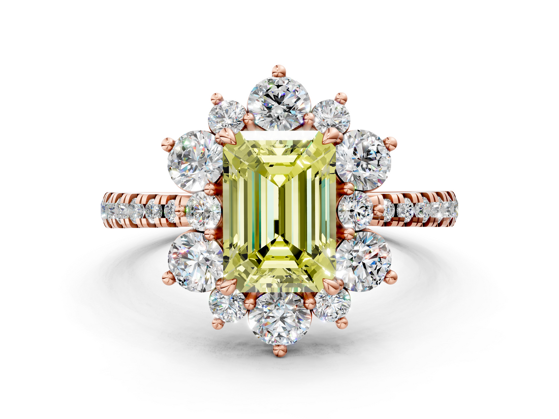 Rose gold Fancy Yellow Emerald  Cut Diamond Floral Halo Pave Band with Prong Setting_37