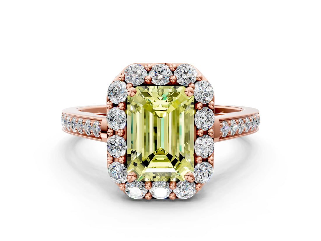 Rose gold Fancy Yellow Emerald Cut Diamond Floral Halo Ring with Pavé Band and Prong Setting_3