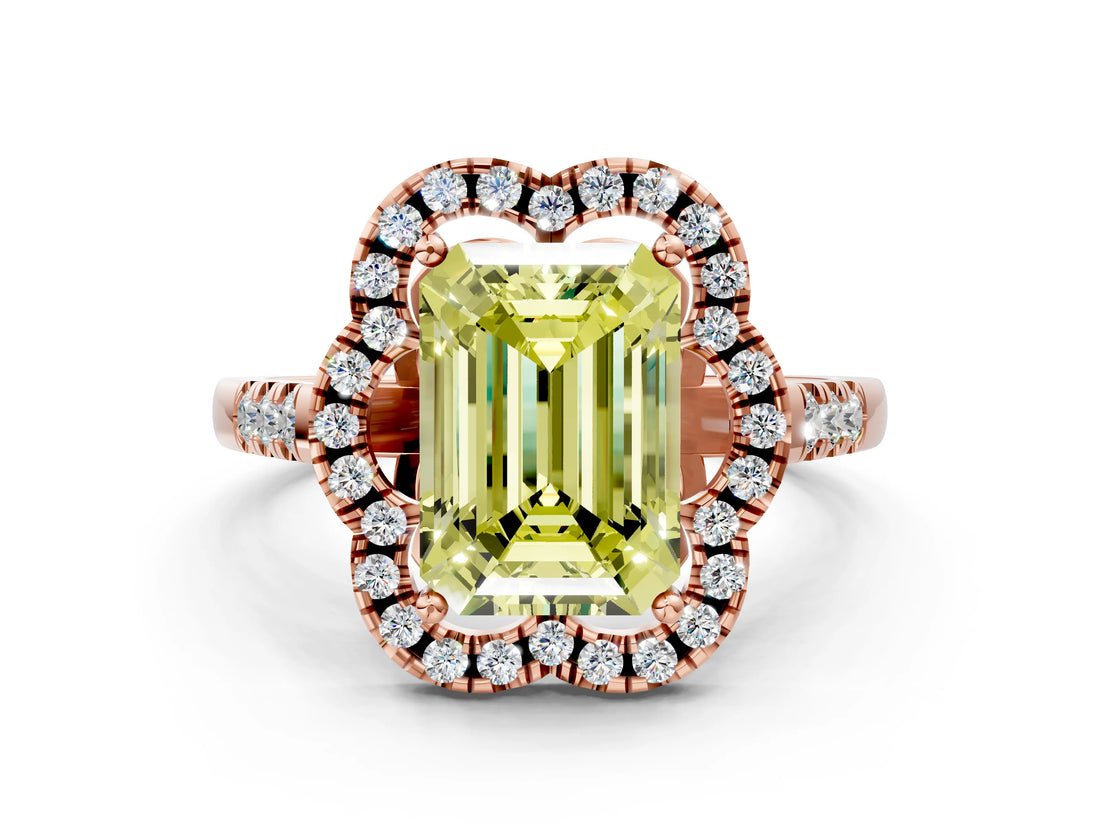 Rose gold Fancy Yellow Emerald Cut Diamond Floral Halo Split Shank Prong Setting Ring