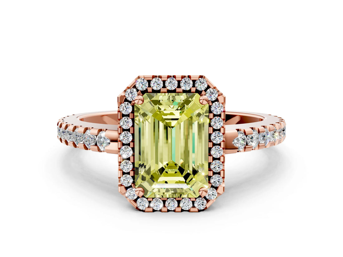 Rose gold Fancy Yellow Emerald Cut Diamond Halo Engagement Ring with Pavé Band and Prong Setting_27