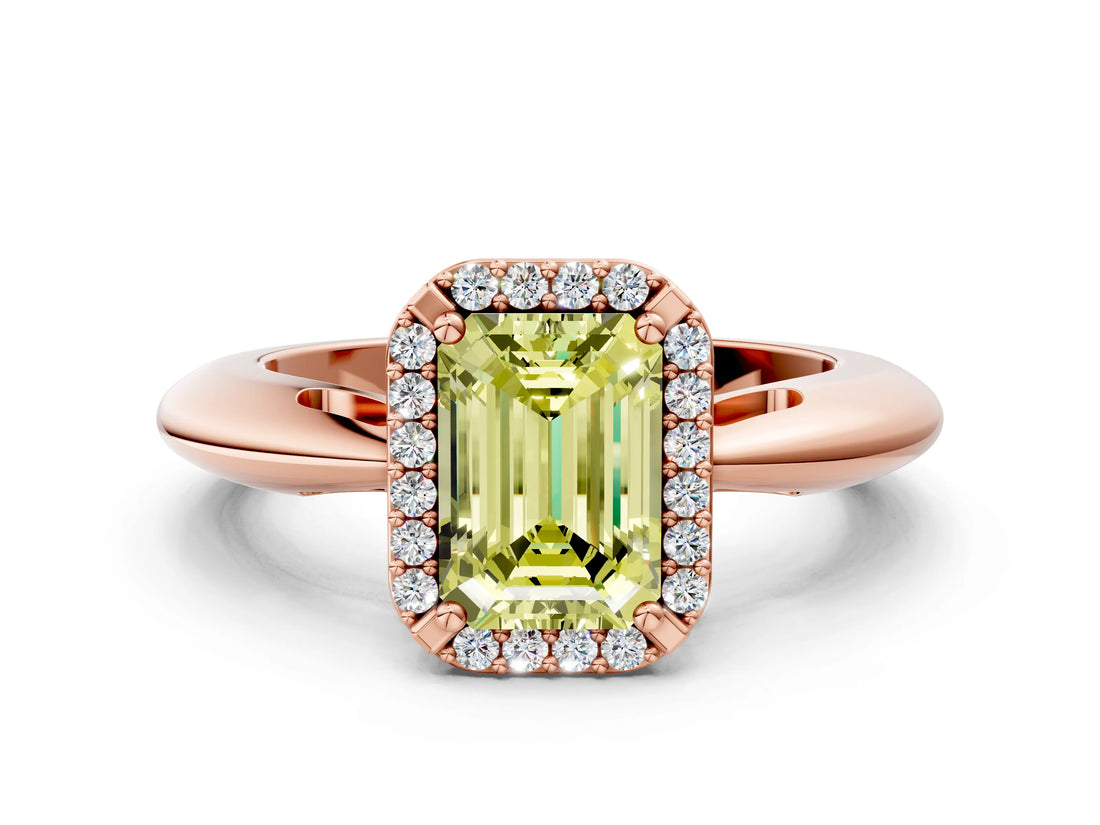Rose gold Fancy Yellow Emerald  Cut Diamond Halo Engagement Ring with Split Shank and Four-Prong Setting_124