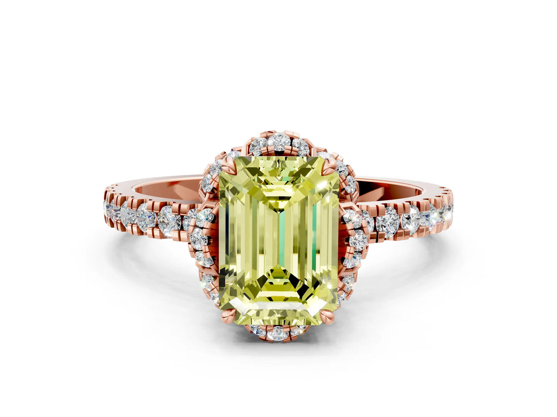 Rose gold Fancy Yellow Emerald Cut Diamond Halo Pave Band with Four-Prong Setting_3