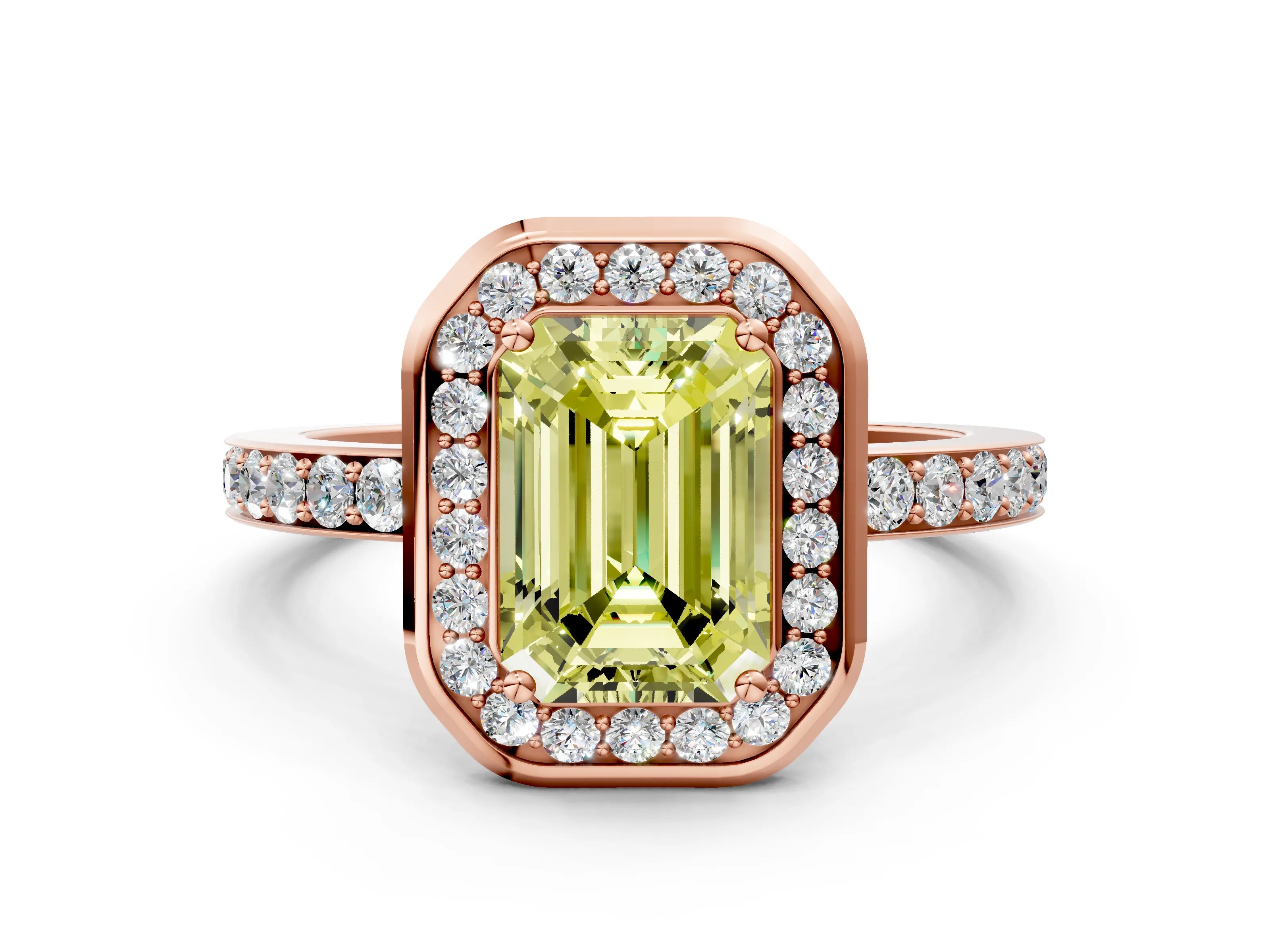 Rose gold Fancy Yellow Emerald Cut Diamond Halo Ring with Bezel Frame and Pavé Band