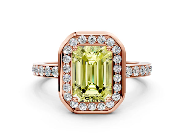 Rose Gold Emerald Cut Pave Bezel-Rim Halo Engagement Ring Setting for Fancy Yellow Center