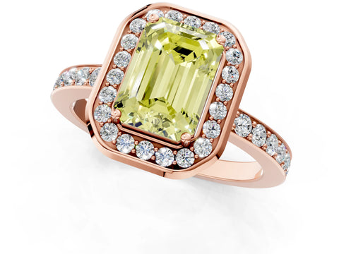 Rose gold Fancy Yellow Emerald Cut Diamond Halo Ring with Bezel Frame and Pavé Band_1