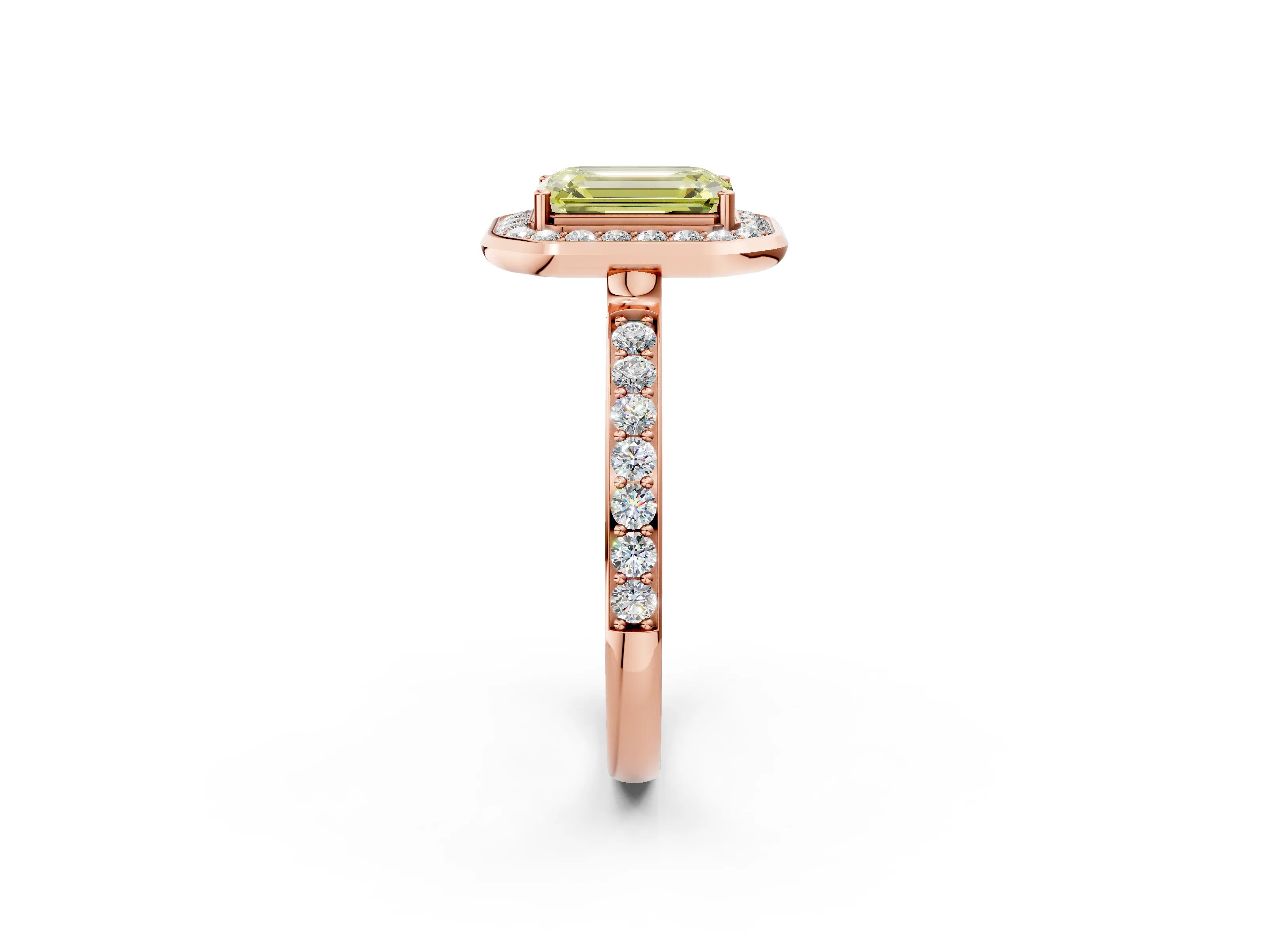 Rose gold Fancy Yellow Emerald Cut Diamond Halo Ring with Bezel Frame and Pavé Band_2