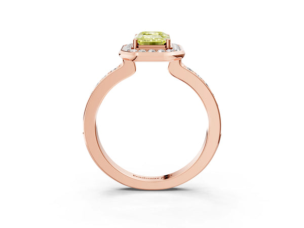 Rose Gold Emerald Cut Pave Bezel-Rim Halo Engagement Ring Setting for Fancy Yellow Center