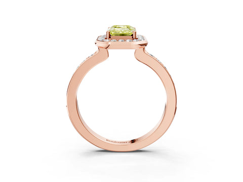 Rose gold Fancy Yellow Emerald Cut Diamond Halo Ring with Bezel Frame and Pavé Band_3
