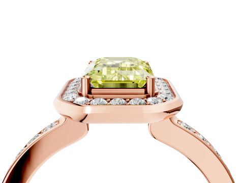 Rose gold Fancy Yellow Emerald Cut Diamond Halo Ring with Bezel Frame and Pavé Band_4