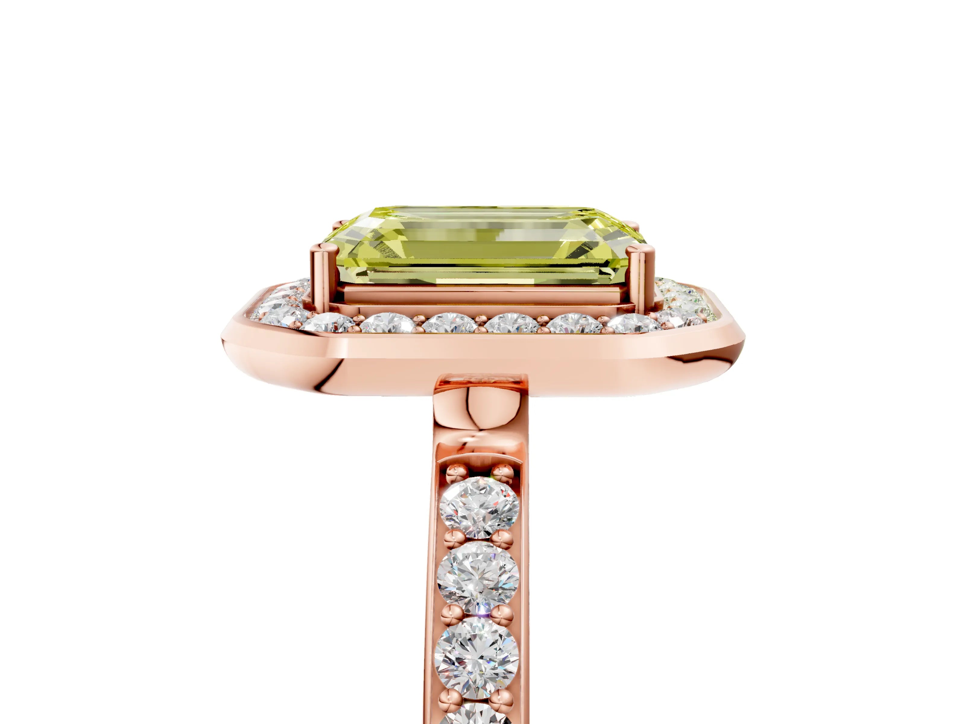 Rose gold Fancy Yellow Emerald Cut Diamond Halo Ring with Bezel Frame and Pavé Band_5