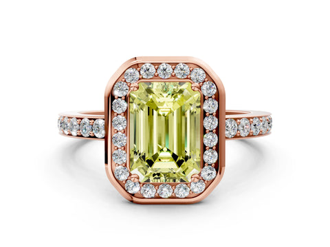 Rose gold Fancy Yellow Emerald Cut Diamond Halo Ring with Bezel Frame and Pavé Band