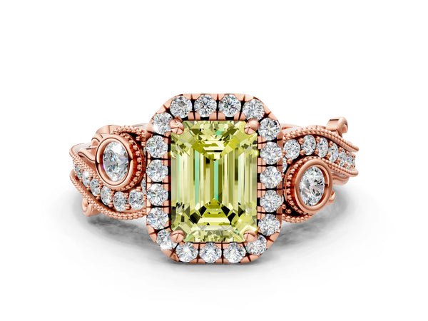 Rose gold Fancy Yellow Emerald Cut Diamond Halo Ring with Milgrain Pavé Band and Four-Prong Setting