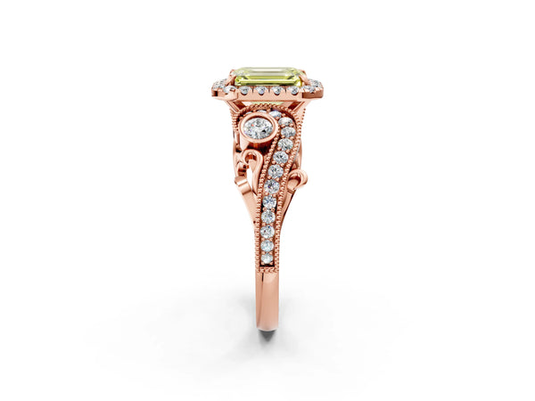 Rose gold Fancy Yellow Emerald Cut Diamond Halo Ring with Milgrain Pavé Band and Four-Prong Setting