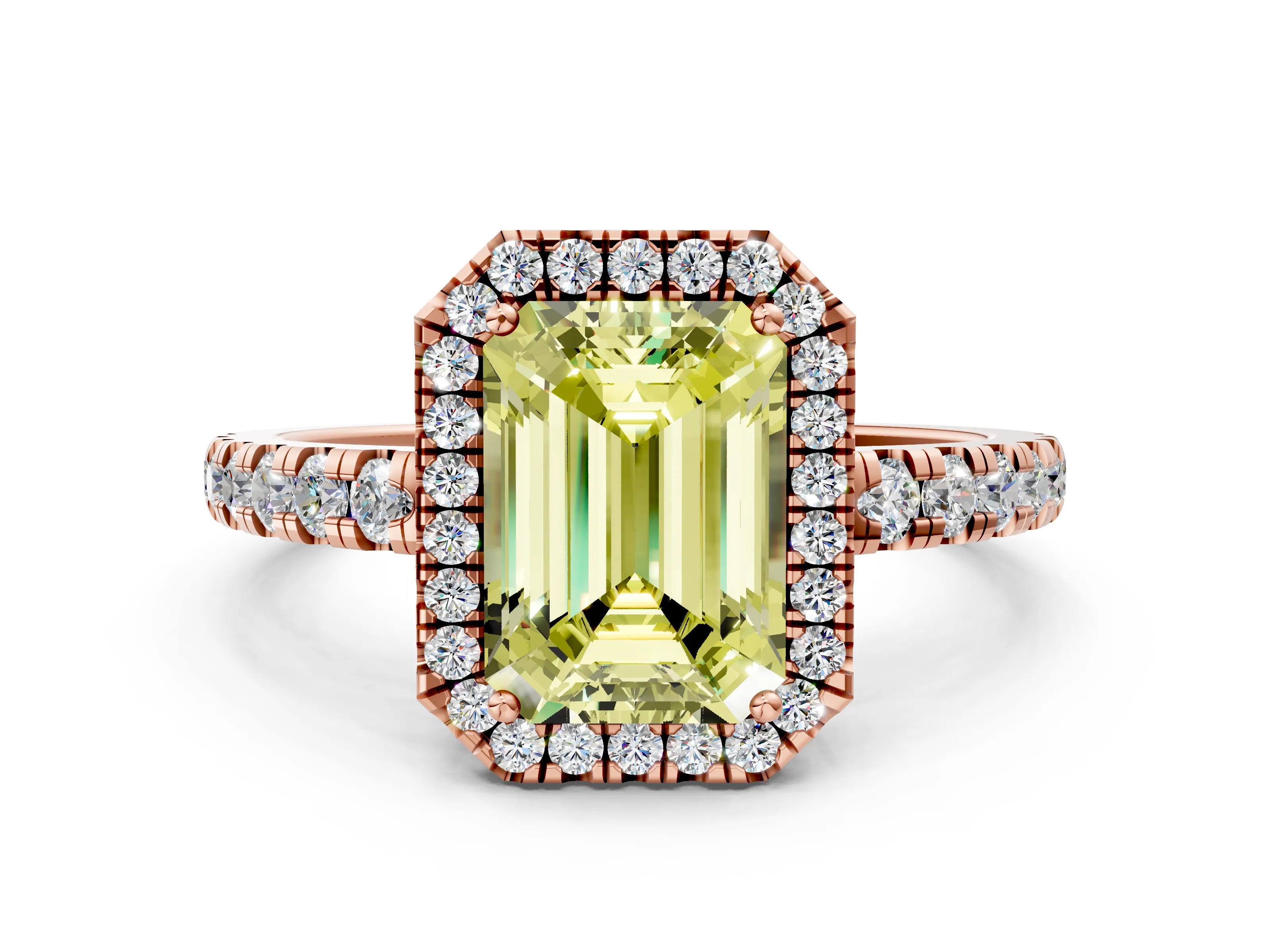 Rose gold Fancy Yellow Emerald Cut Diamond Halo Ring with Pavé Band and Four-Prong Setting