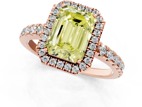 Rose gold Fancy Yellow Emerald Cut Diamond Halo Ring with Pavé Band and Four-Prong Setting_1