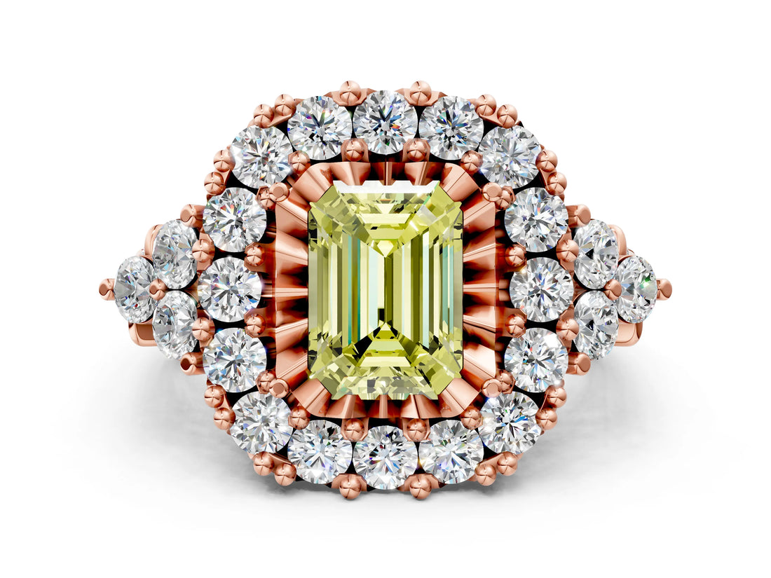 Rose gold Fancy Yellow Emerald Cut Diamond Halo Ring with Pavé Band and Four-Prong Setting_41