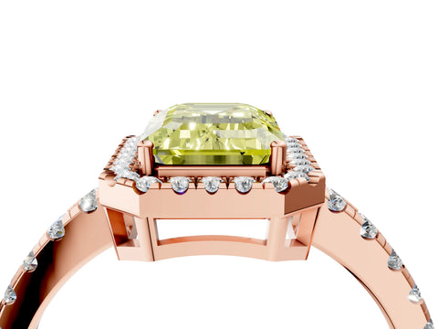 Rose gold Fancy Yellow Emerald Cut Diamond Halo Ring with Pavé Band and Four-Prong Setting_4