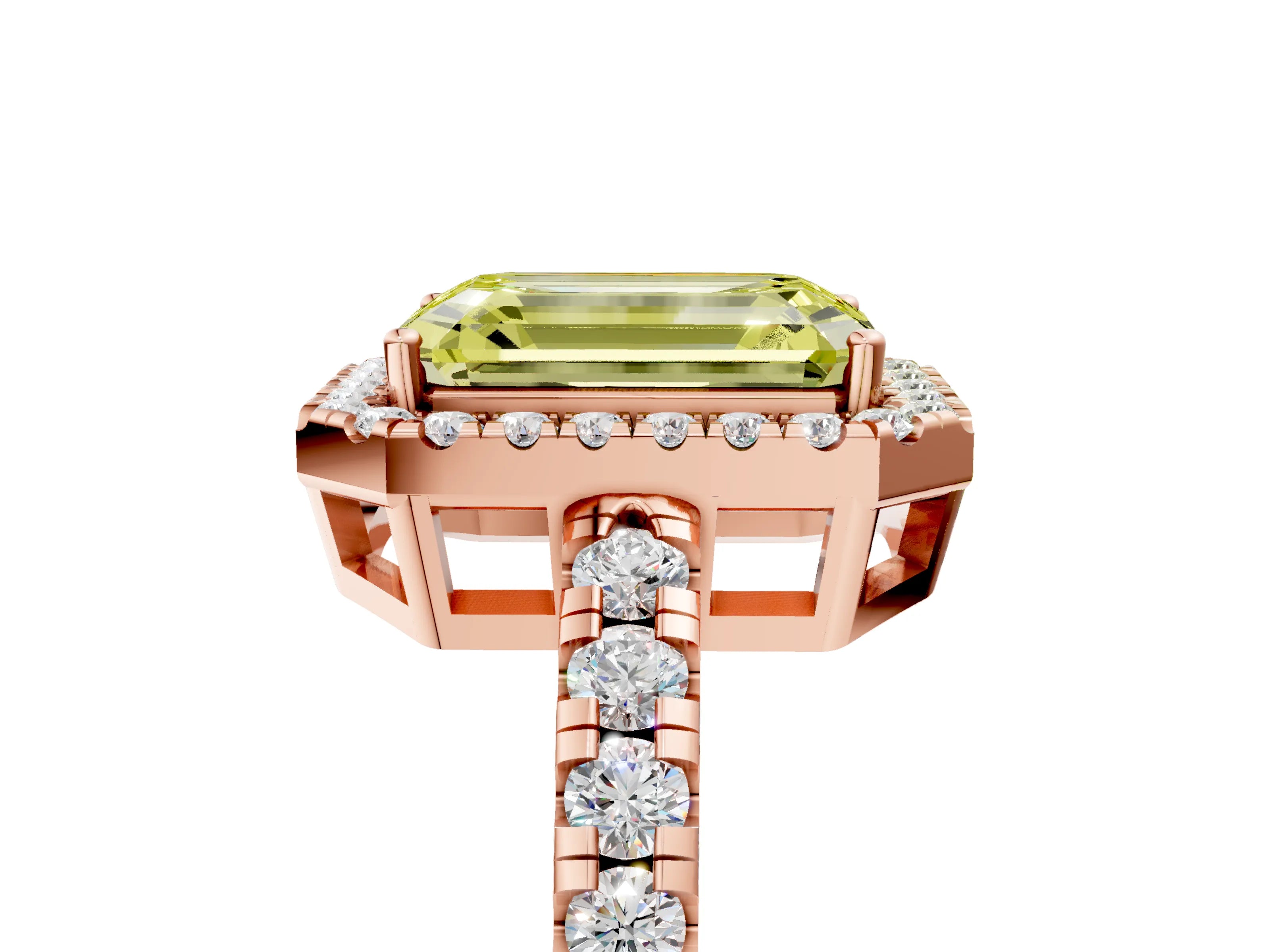 Rose gold Fancy Yellow Emerald Cut Diamond Halo Ring with Pavé Band and Four-Prong Setting_5