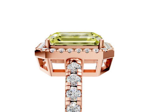 Rose gold Fancy Yellow Emerald Cut Diamond Halo Ring with Pavé Band and Four-Prong Setting_5