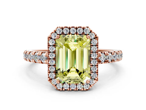 Rose gold Fancy Yellow Emerald Cut Diamond Halo Ring with Pavé Band and Four-Prong Setting