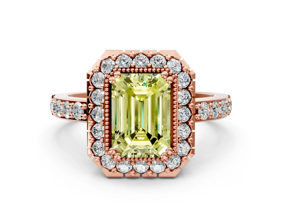 Rose gold Fancy Yellow Emerald Cut Diamond Halo Ring with Pavé Band and Prong Setting
