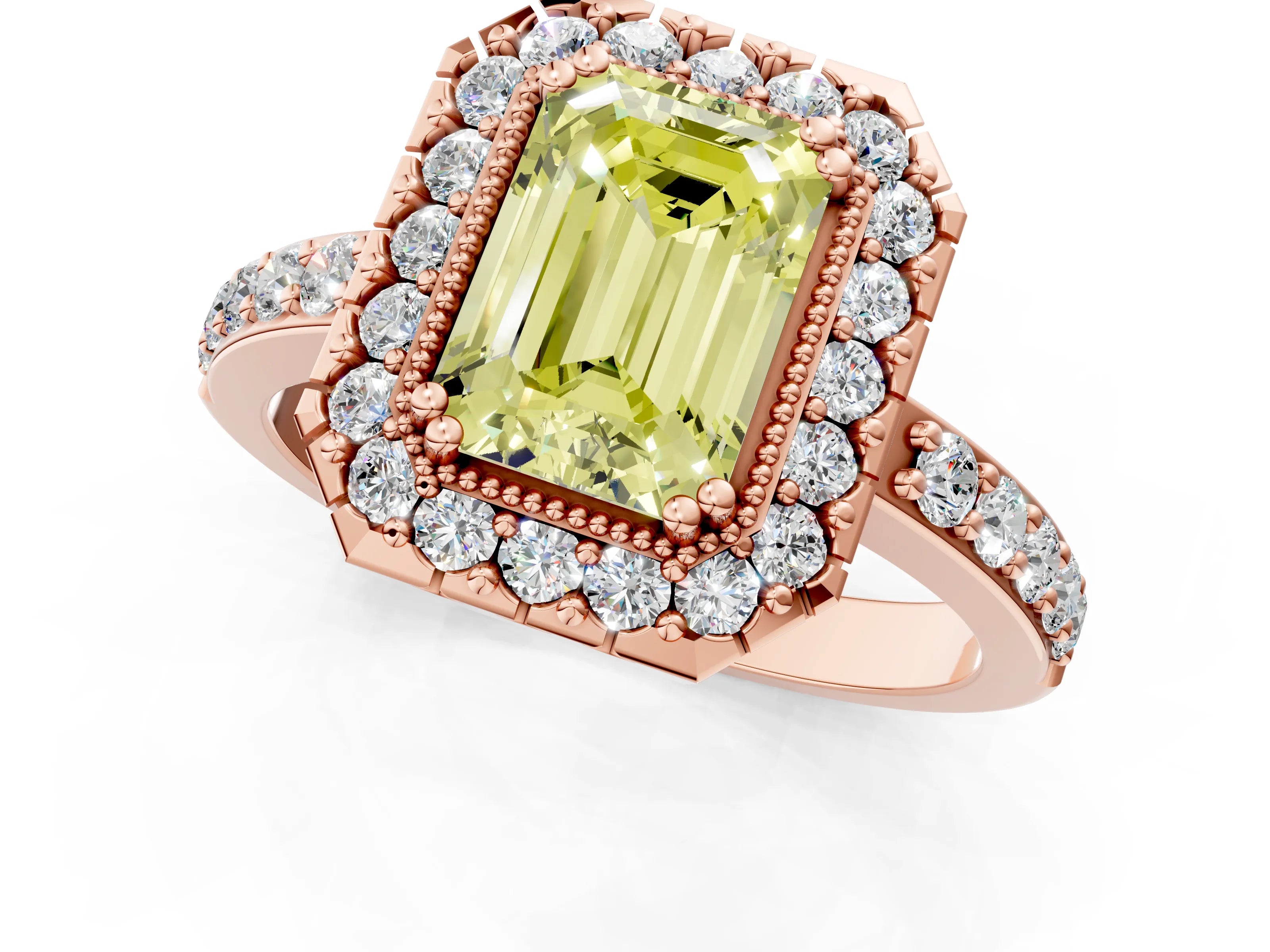 Rose gold Fancy Yellow Emerald Cut Diamond Halo Ring with Pavé Band and Prong Setting_1