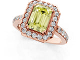 Rose gold Fancy Yellow Emerald Cut Diamond Halo Ring with Pavé Band and Prong Setting_1