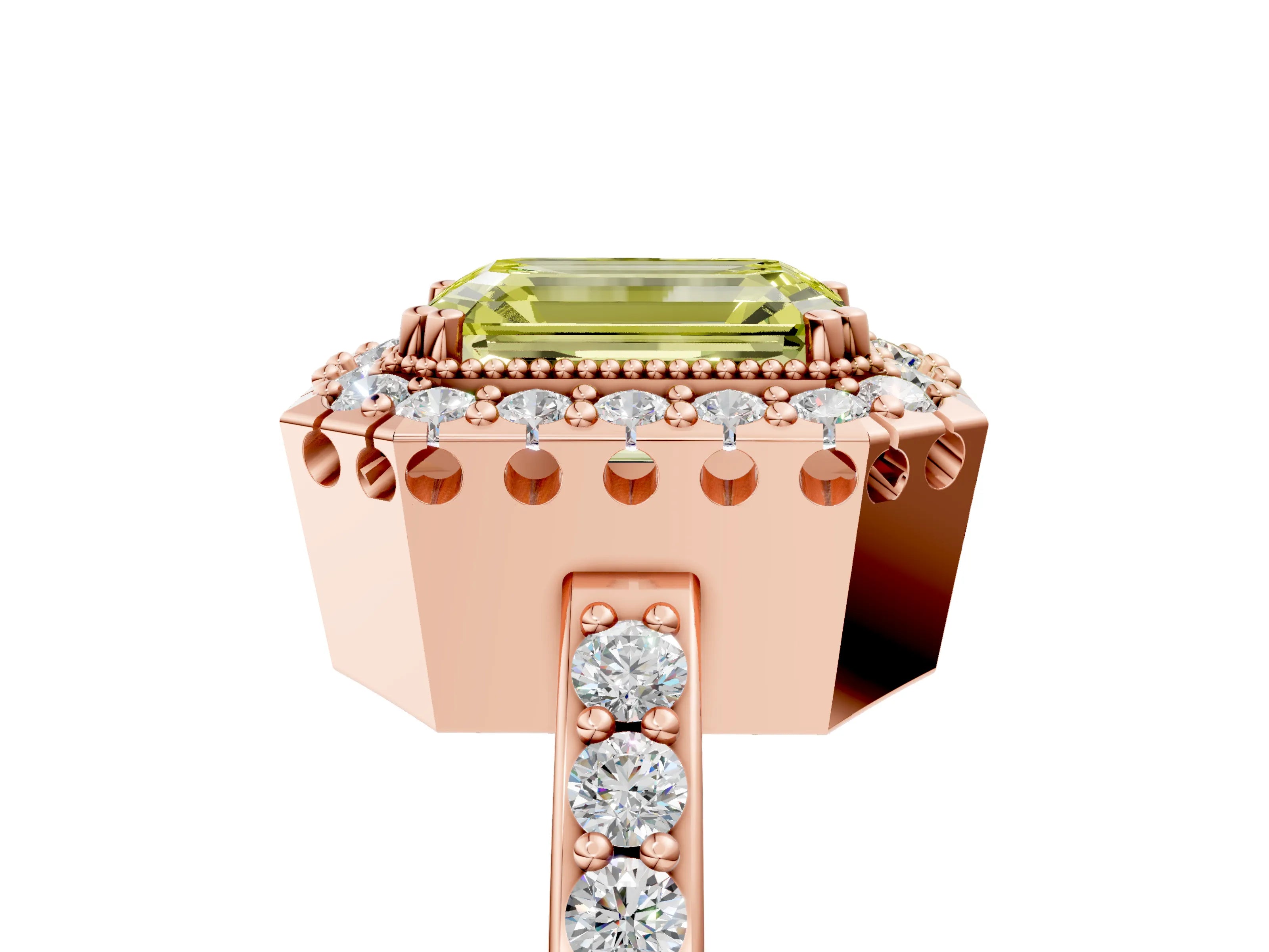 Rose gold Fancy Yellow Emerald Cut Diamond Halo Ring with Pavé Band and Prong Setting_5