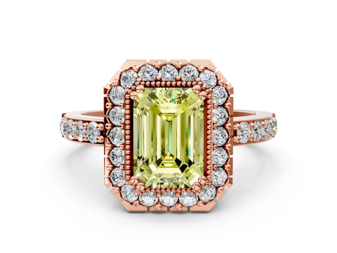 Rose gold Fancy Yellow Emerald Cut Diamond Halo Ring with Pavé Band and Prong Setting