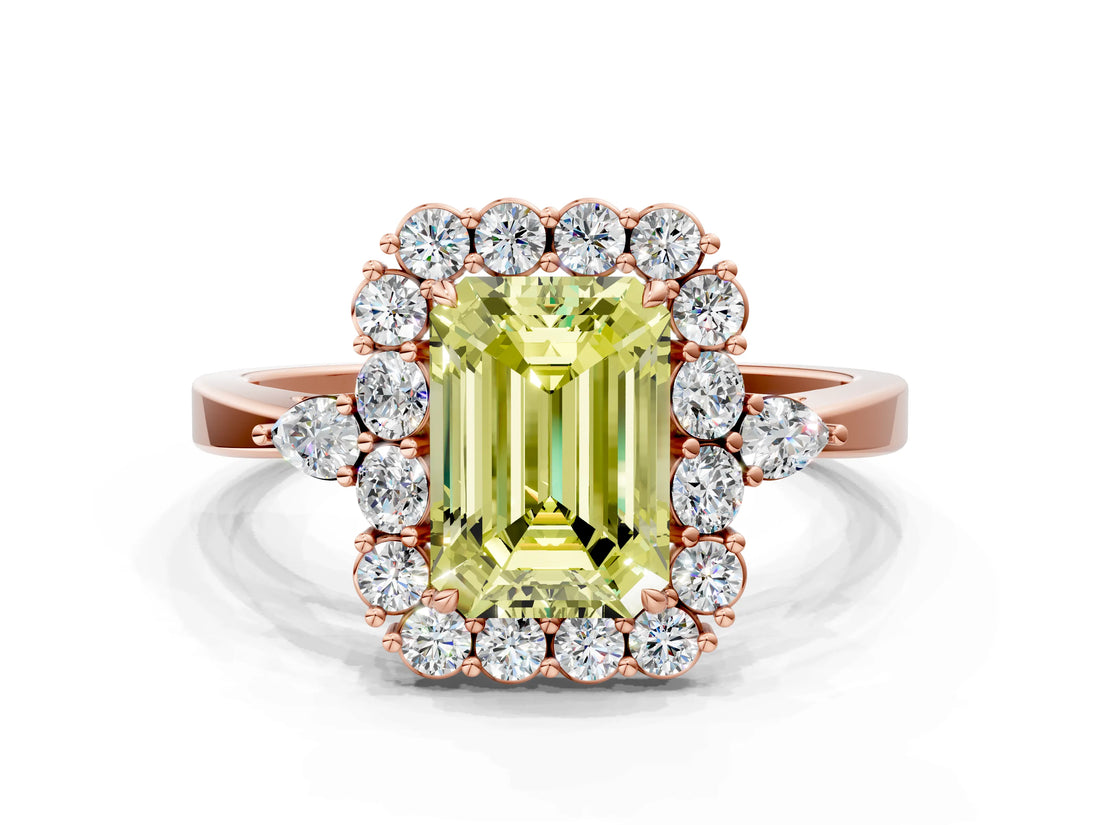 Rose gold Fancy Yellow Emerald Cut Diamond Halo Ring with Pear Side Stones and Prong Setting_50