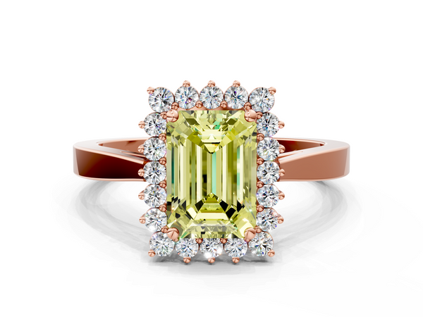 Rose gold Fancy Yellow Emerald  Cut Diamond Halo Ring with Round Brilliant Halo and Solitaire Band