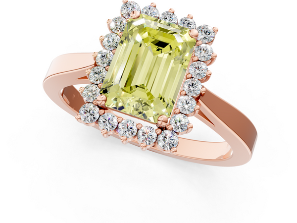 Rose gold Fancy Yellow Emerald  Cut Diamond Halo Ring with Round Brilliant Halo and Solitaire Band