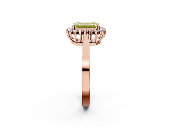 Rose gold Fancy Yellow Emerald  Cut Diamond Halo Ring with Round Brilliant Halo and Solitaire Band