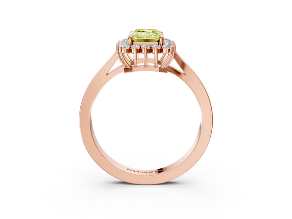 Rose gold Fancy Yellow Emerald  Cut Diamond Halo Ring with Round Brilliant Halo and Solitaire Band