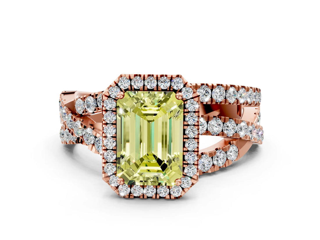 Rose gold Fancy Yellow Emerald Cut Diamond Halo Ring with Round Split Shank and Prong Setting_36