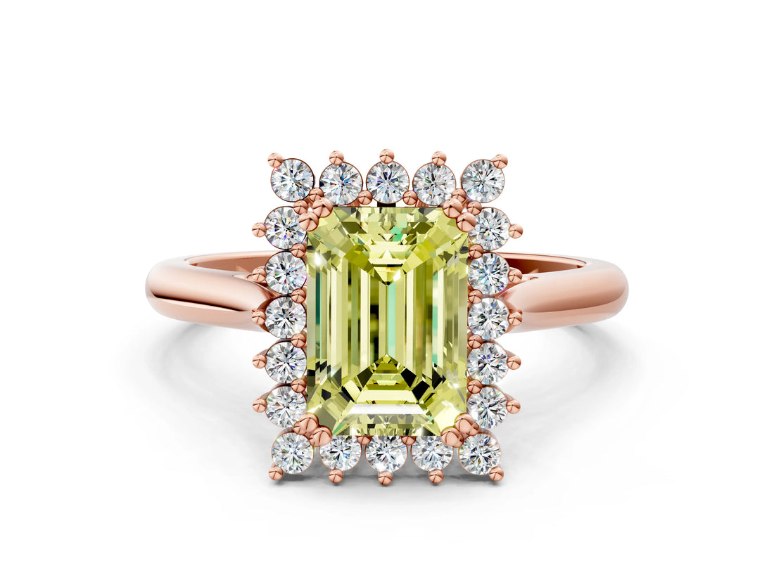Rose gold Fancy Yellow Emerald  Cut Diamond Halo Ring with Solitaire Band and Prong Setting_53