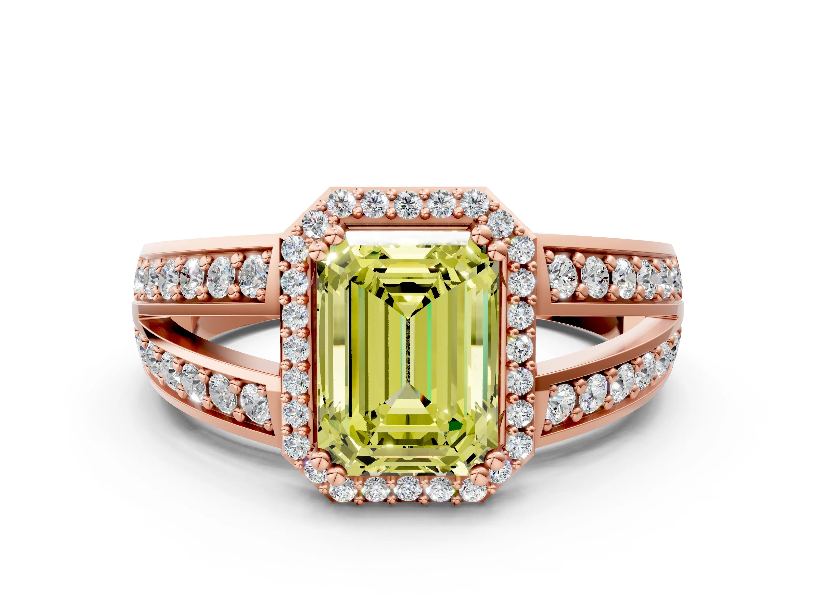 Rose gold Fancy Yellow Emerald Cut Diamond Halo Ring with Split Shank Pavé Band and Four-Prong Setting