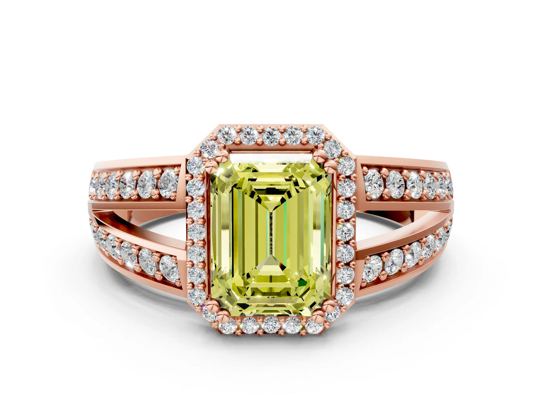 Rose gold Fancy Yellow Emerald Cut Diamond Halo Ring with Split Shank Pavé Band and Four-Prong Setting