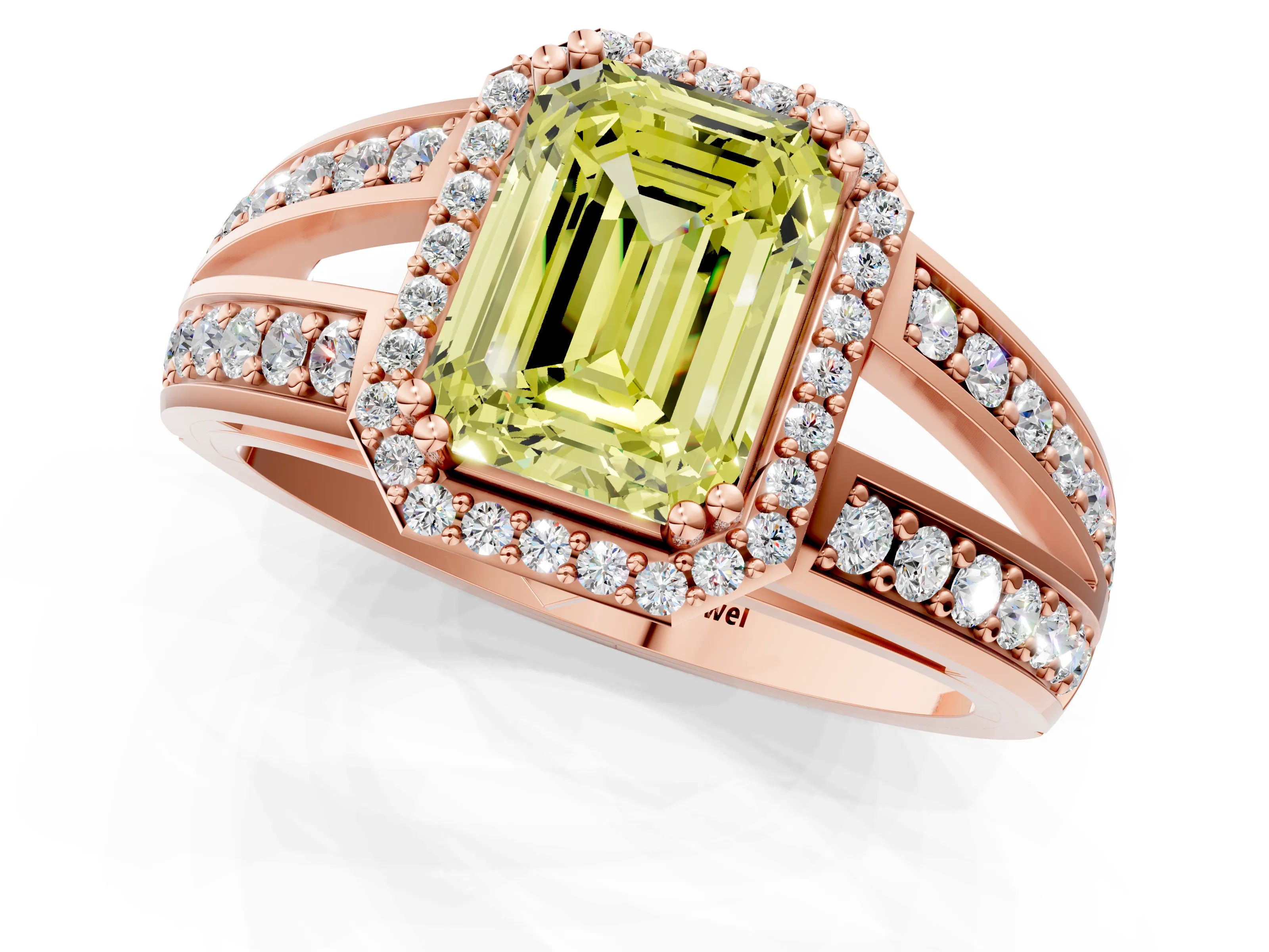 Rose gold Fancy Yellow Emerald Cut Diamond Halo Ring with Split Shank Pavé Band and Four-Prong Setting_1