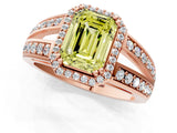 Rose gold Fancy Yellow Emerald Cut Diamond Halo Ring with Split Shank Pavé Band and Four-Prong Setting_1
