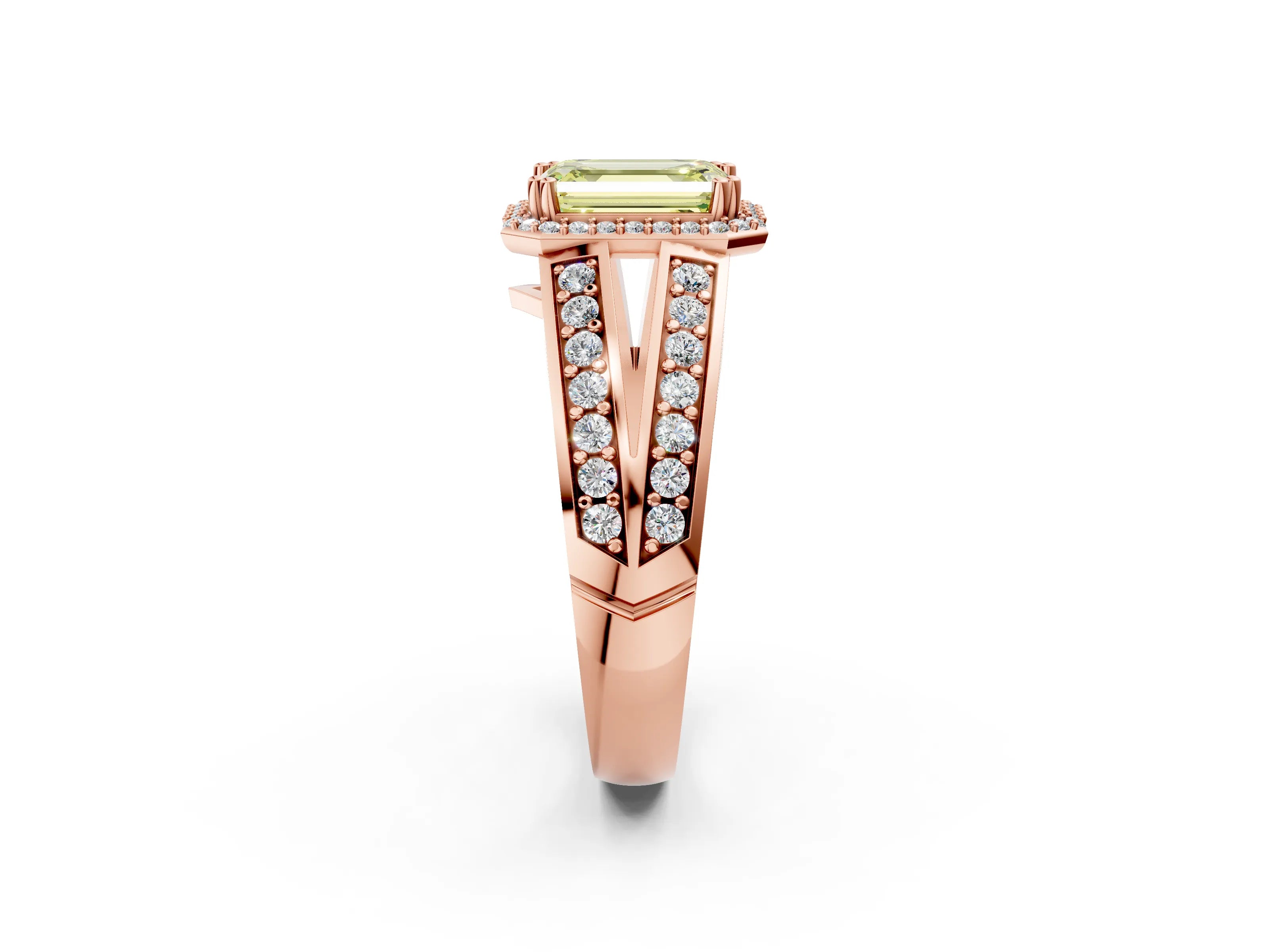 Rose gold Fancy Yellow Emerald Cut Diamond Halo Ring with Split Shank Pavé Band and Four-Prong Setting_2