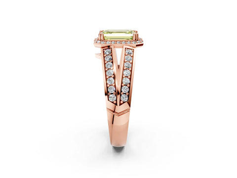 Rose gold Fancy Yellow Emerald Cut Diamond Halo Ring with Split Shank Pavé Band and Four-Prong Setting_2