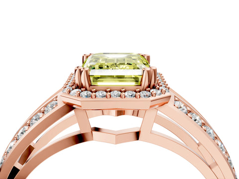 Rose gold Fancy Yellow Emerald Cut Diamond Halo Ring with Split Shank Pavé Band and Four-Prong Setting_4