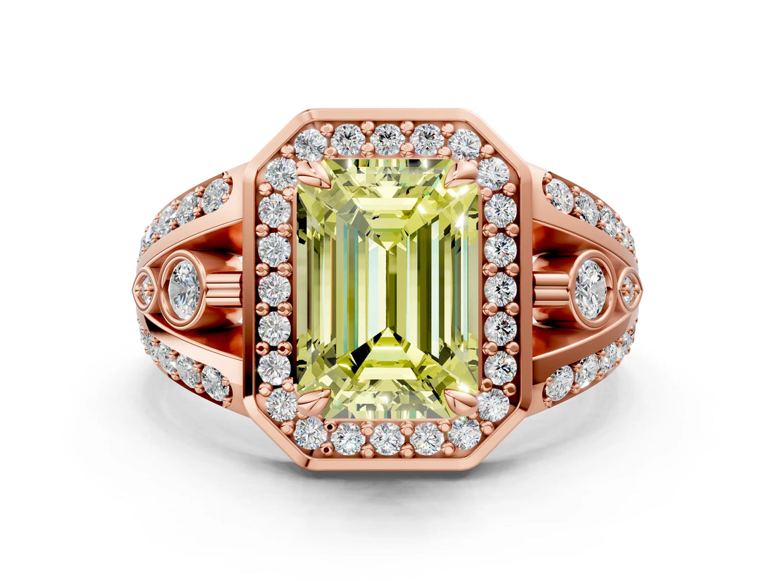 Rose gold Fancy Yellow Emerald Cut Diamond Halo Ring with Split Shank and Bezel Accents and Four-Prong Setting