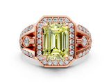 Rose gold Fancy Yellow Emerald Cut Diamond Halo Ring with Split Shank and Bezel Accents and Four-Prong Setting