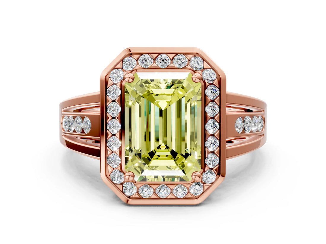 Rose gold Fancy Yellow Emerald Cut Diamond Halo Ring with Split Shank and Bezel Accents and Prong Setting
