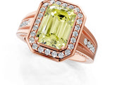 Rose gold Fancy Yellow Emerald Cut Diamond Halo Ring with Split Shank and Bezel Accents and Prong Setting_1