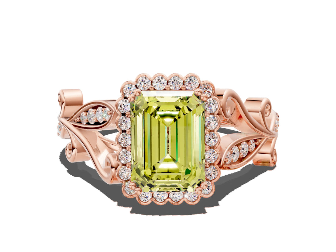 Rose gold Fancy Yellow Emerald Cut Diamond Halo Ring with Vintage Split Shank and Four-Prong Setting_37