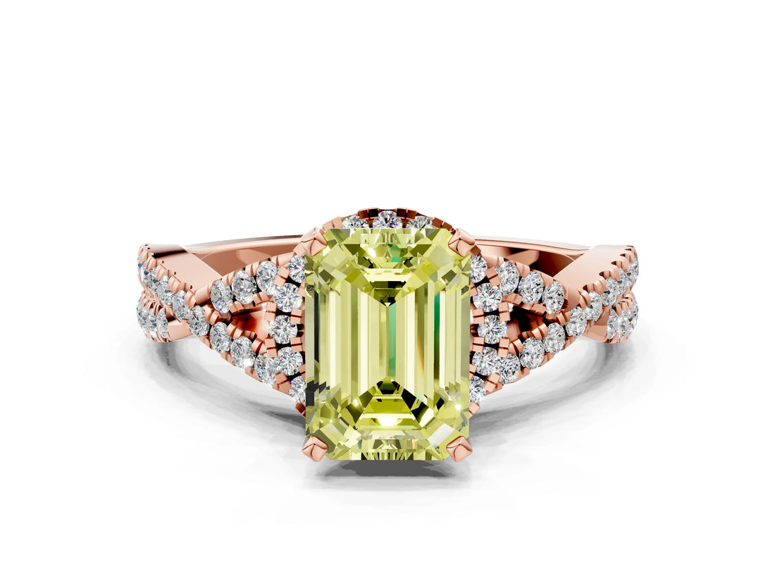 Rose gold Fancy Yellow Emerald Cut Diamond  Halo Twist Band Solitaire Prong Setting Ring_36