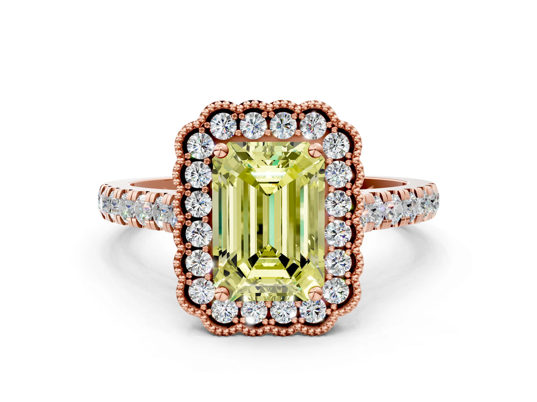 Rose gold Fancy Yellow Emerald  Cut Diamond Milgrain Floral Halo Engagement Ring with Pavé Band_15